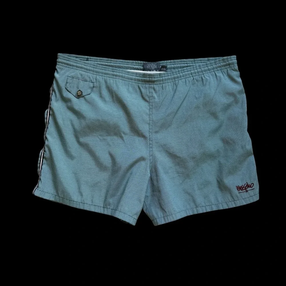 90's Mossimo Surf Swim Trunks L Teal Micro Check Mesh Lined Board Shorts USA